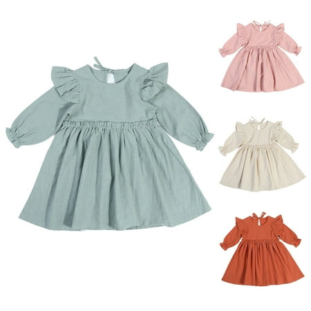 

GYRATEDREAM Toddler Baby Girl Cotton Linen Long Sleeve Ruffle Dress Kids Fall Dresses Clothes 2-6 Years