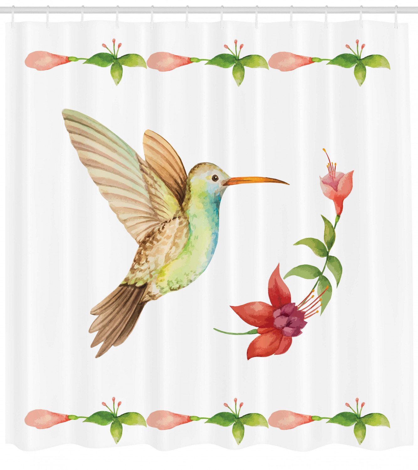Hummingbird Shower Curtain, Hummingbird Flying over A Fuchsia Flower