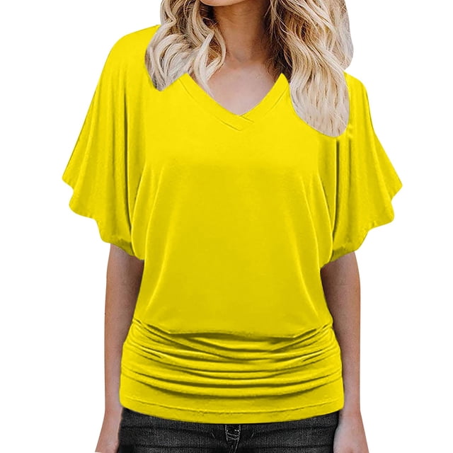 Moda Casual Mujer Sólido Manga Corta Batwing Manga Blusa Con Cuello En V Tops Sueltos Pompotops hkajfhjk457802