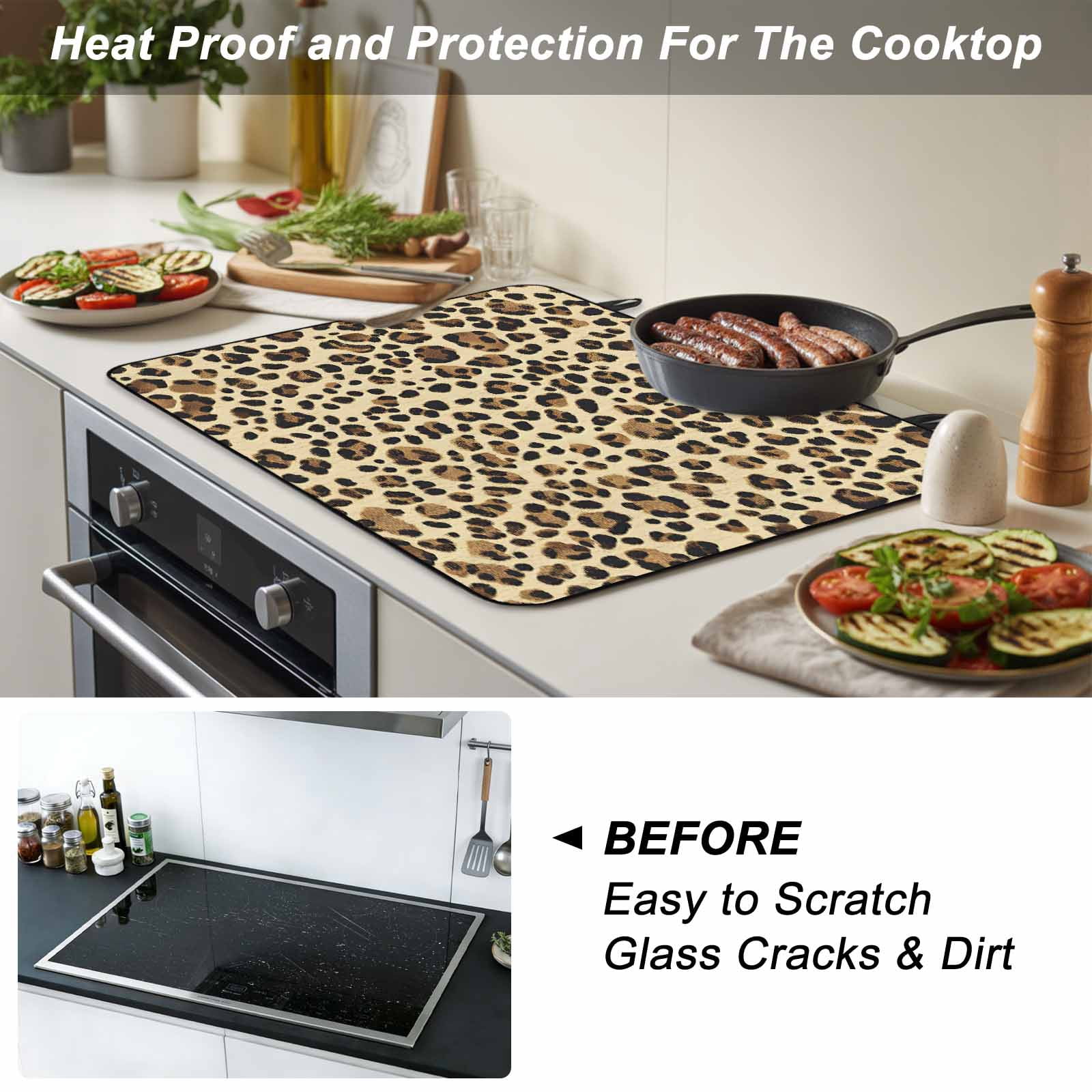 Leopard Stove Top Cover for Electric Stove, Heat-proof & Non Slip Glass Top Stove Cover Protector, Brown Animals Art Modern Farmhouse Kitchen Flat Cooktop Rubber Mat 24x21 Inches