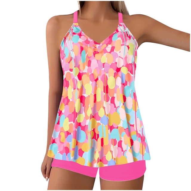 Women Plus Size Tankini Swimsuits, Two Piece Floral Print Swimwear with V Neck Tops and Bottoms, Modest Bathing Suits for Summer Beach Pool Sea