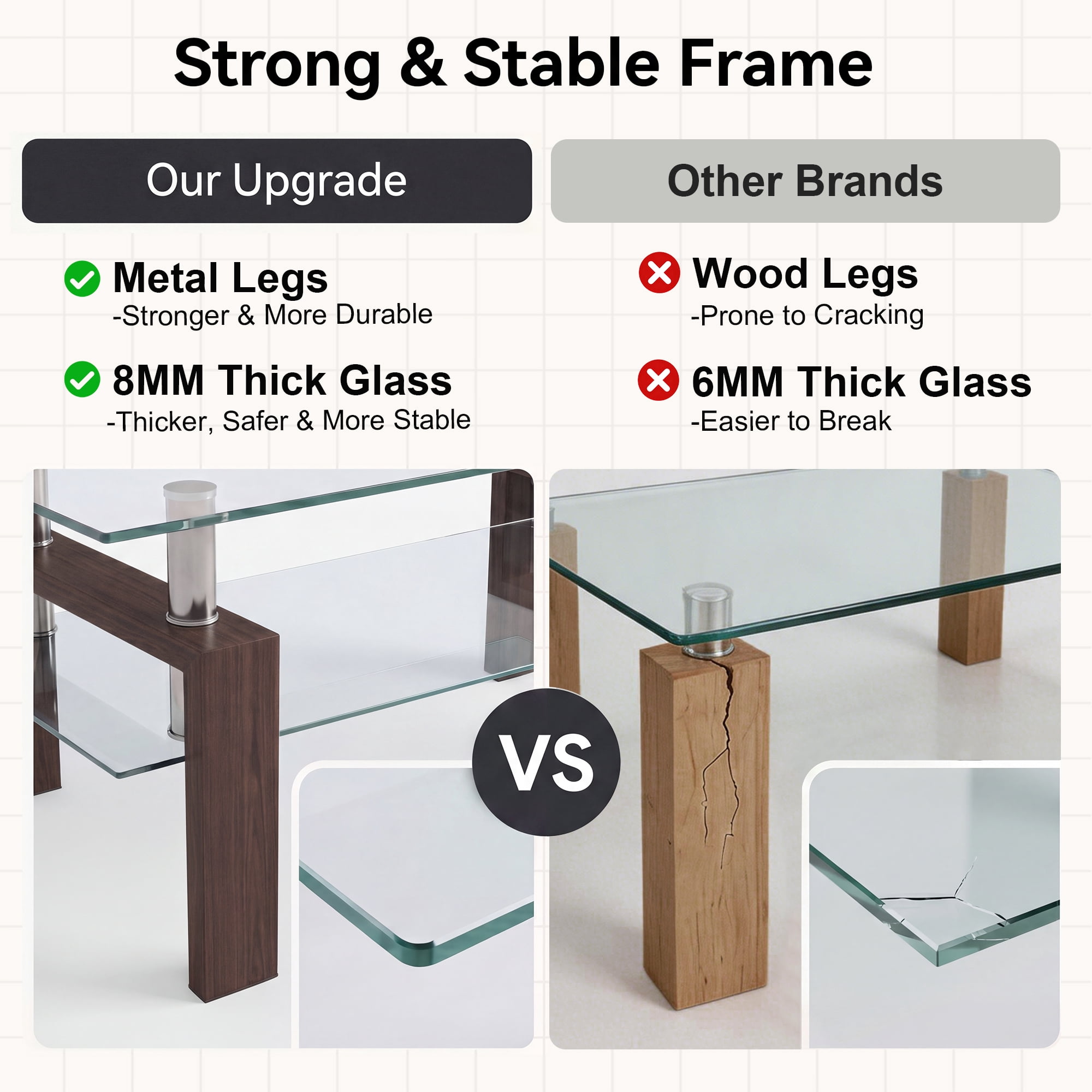 Glass Coffee Table with Lower Shelf, Holaki Modern Rectangular Tempered Glass Center Table with Metal Legs for Living Room, Walnut