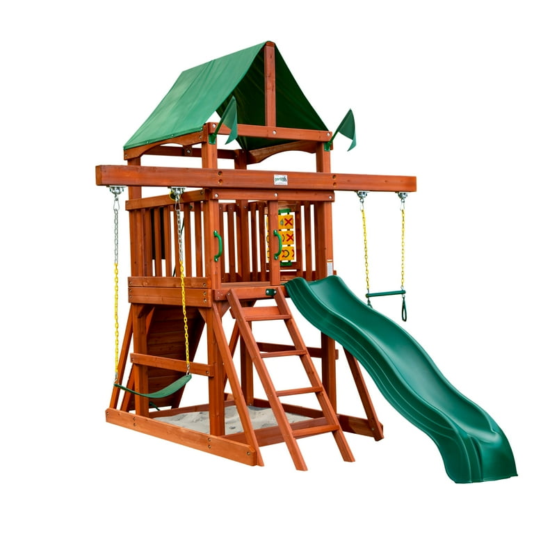 Gorilla Playsets 01 1102 Five Star II Space Saver Wooden Play Tower with Slide Swings Climbing Wall and Tarp Roof