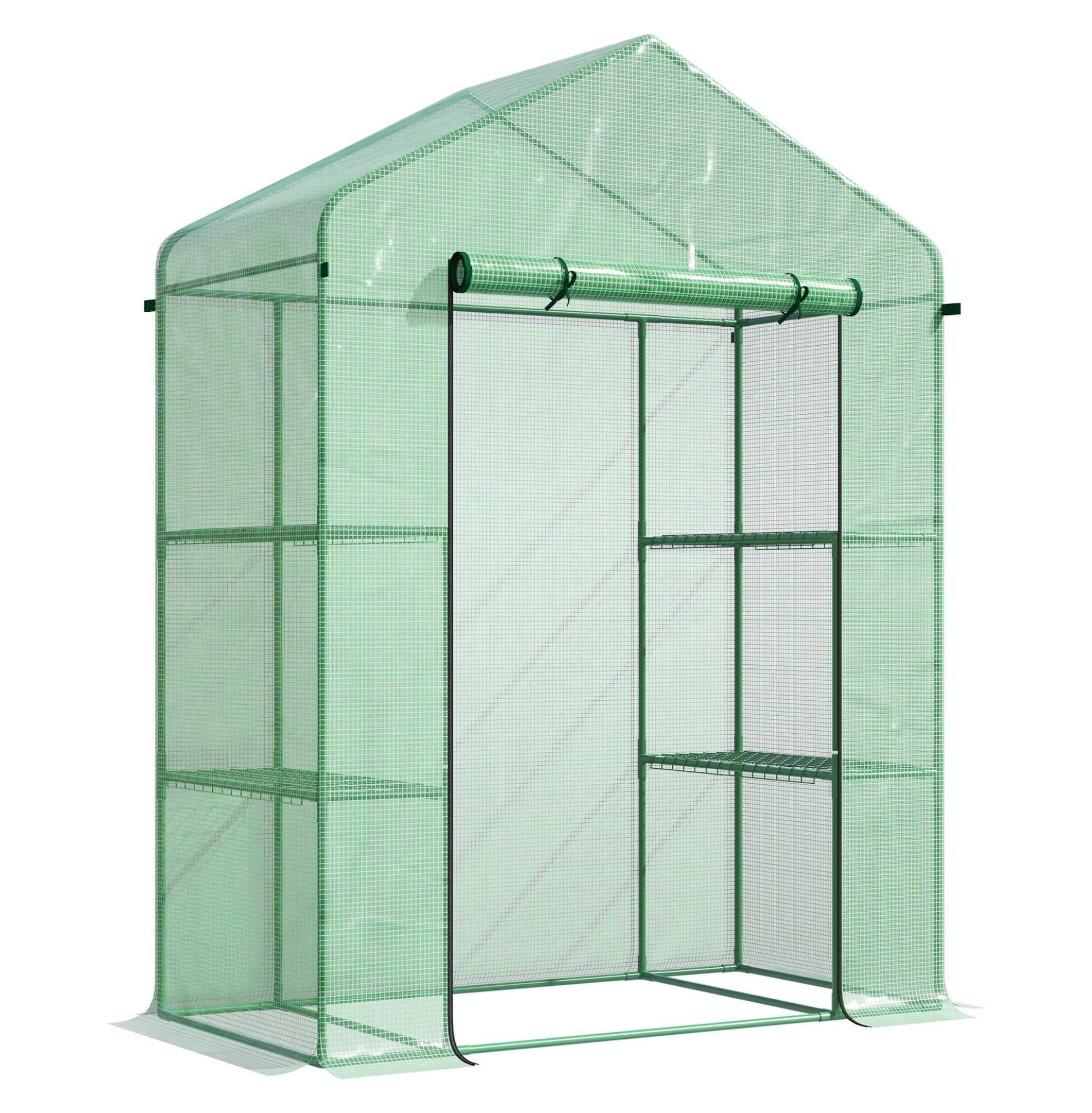 56" x 29" x 77" Walk-in Greenhouse, Garden Hot House with 3 Tier Shleves, Roll-Up Door and PE Cover, Green