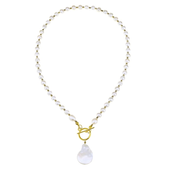 Modish Freshwater White Pearl Teardrop Brass Toggle Necklace