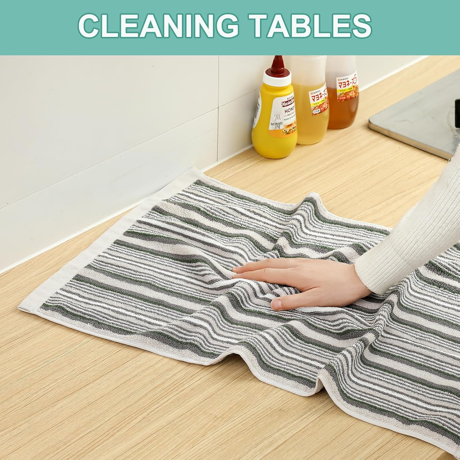 KitchenKey Premium Cotton Kitchen Dish Towels for Drying Dishes,Large Long Kitchen Hand Towels, Thick Highly Absorbent Dish Clothes Tea Towel Sets with Hanging Loop, 16" X 26", 4 Pcs, Gray and Green