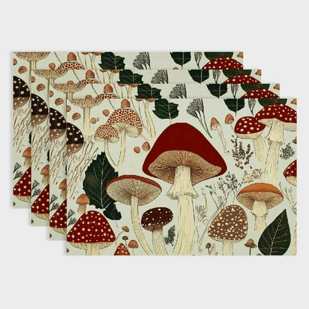 

Pratyus Mushrooms Dots Leaves Linen Cloth Placemat Set of 4 for Birthday Parties Christmas Restaurants Buffets & Home Decor 18x12in