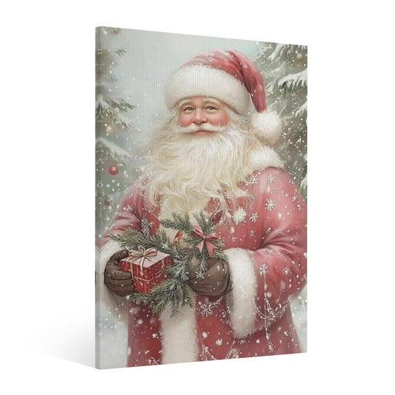 Vintage Christmas Pink Santa Claus Wall Art Paint Framed - Retro Xmas Festive Winter Holiday Christmas Wall Decor Canvas Print for Living Room Kitchen Bathroom Home Bedroom Decor
