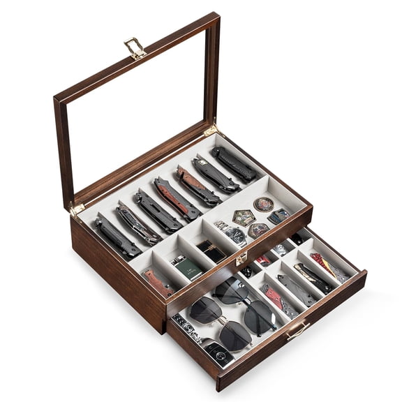 2-Layer Knife Display Case, Knife Collection Display Holder with Glass Lid & Drawers (Walnut)