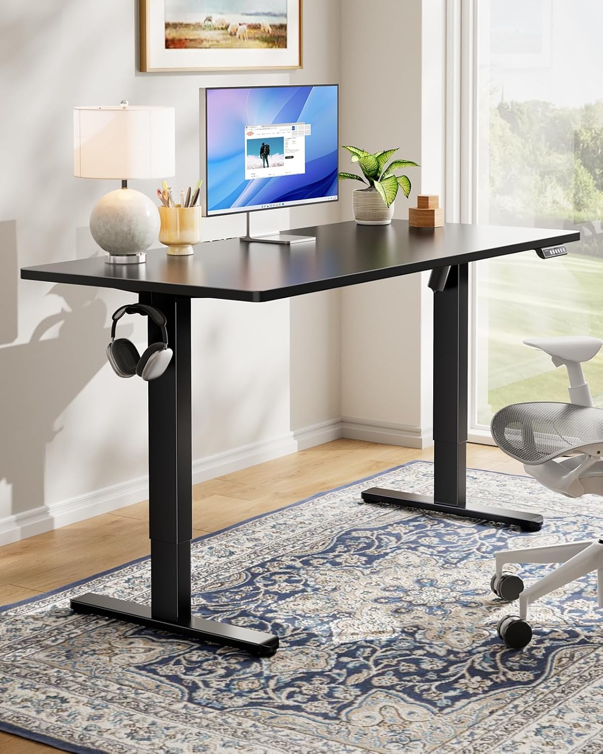 Kyspho 60" x 24" One Piece Electric Standing Desk, Height Adjustable Computer Desk with 4 Height Memory Settings, Sit Stand up Desk for Home Office, Black