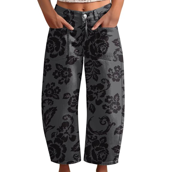 kaondbfi Women's Print Cropped Pants High Waist Button Fly Casual Loose () Fabric Baggy Trousers with Pockets for Summer