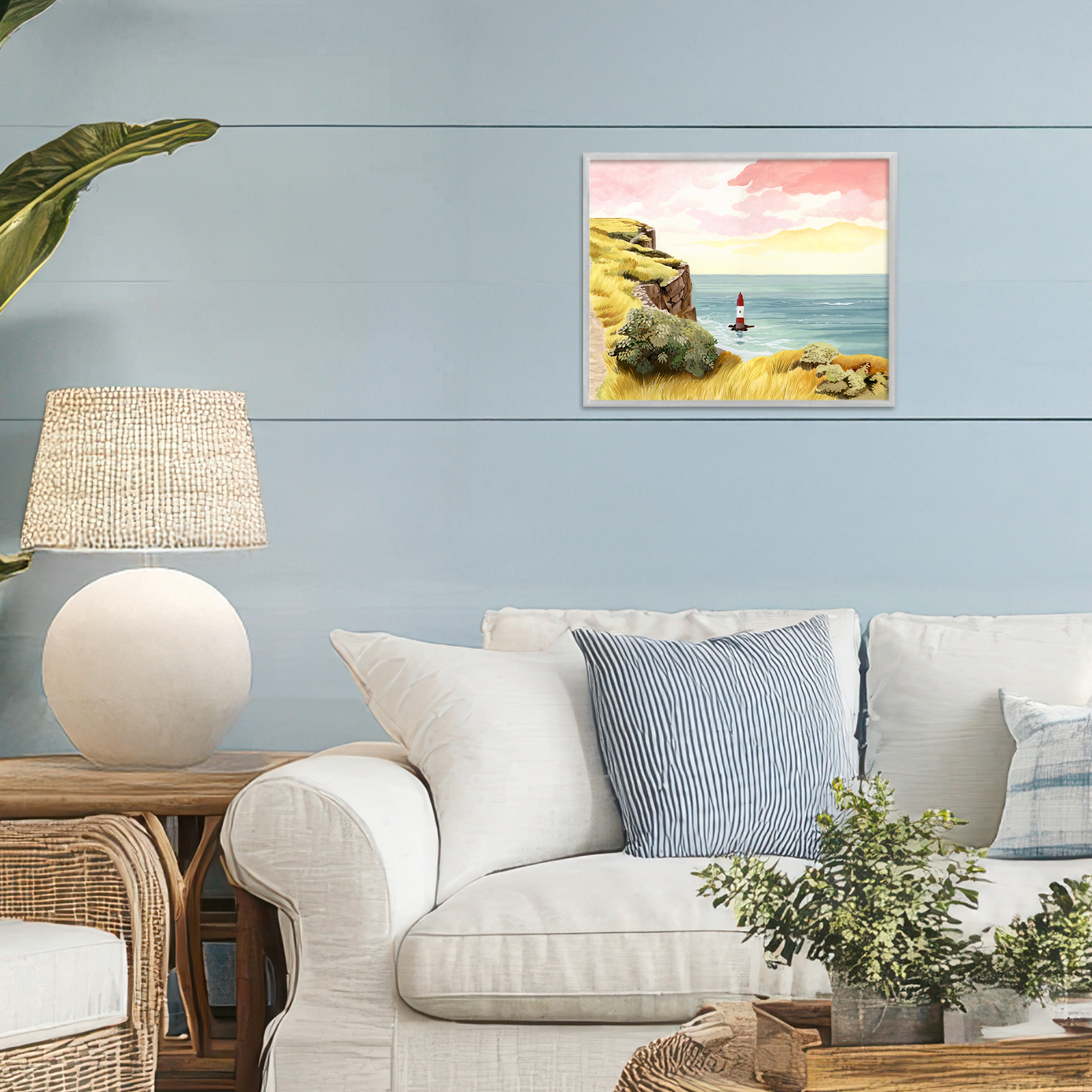 Beachy Head Lone Lighthouse Gray Framed Giclee Art, design by Courtney Haley