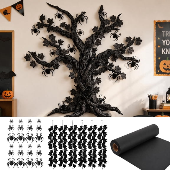 EBaokuup 32 Pcs Halloween DIY Tree Kit, 105 Ft Black Kraft Paper with Maple Leaves and Spider Decor