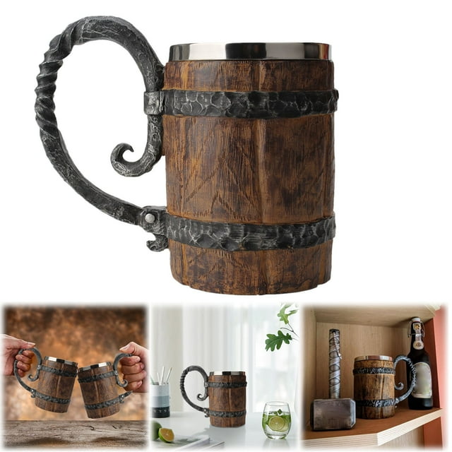 WHEANG Chope à Bière Peinte Faite à la Main Tonneau en Bois Acier Inoxydable à Double Paroi Chope à Bière