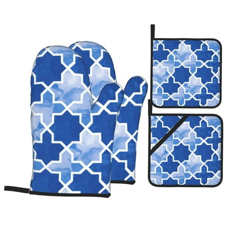 

XMXT Heat Resistant Oven Mitts and Pot Holders Sets Blue Watercolor Geometric Oven Mitt Hot Pads Kitchen Cooking BBQ Gloves 4 Pcs