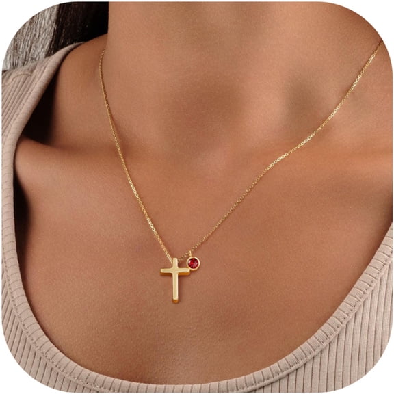 Turandoss Valentines Day Birthstone Necklace Gifts for Women 14K Gold Plated Dainty Cross Pendant Created 12 Birthstone Trend Jewelry Birthday Gifts for Christian Faith Women Her Teen Girls
