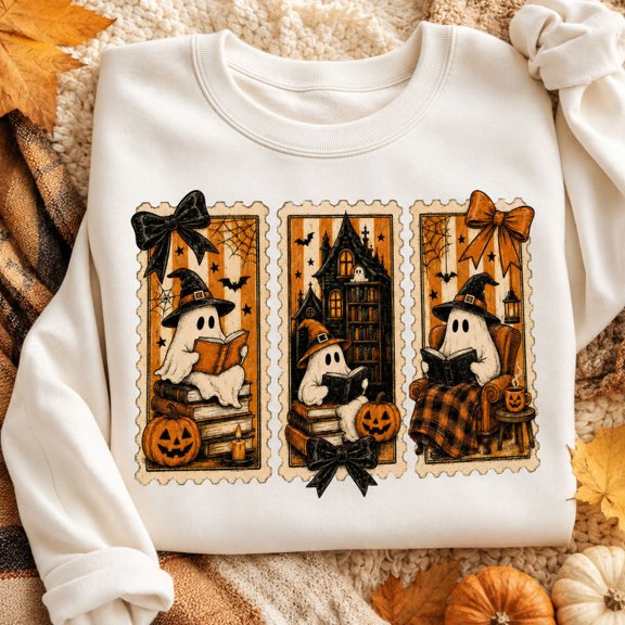Halloween Shirt, Reading Ghost Witch Sweatshirt, Spooky Book Lover Hoodie, Haunted Library T-Shirt, Cute Fall Gift for Readers and Teachers