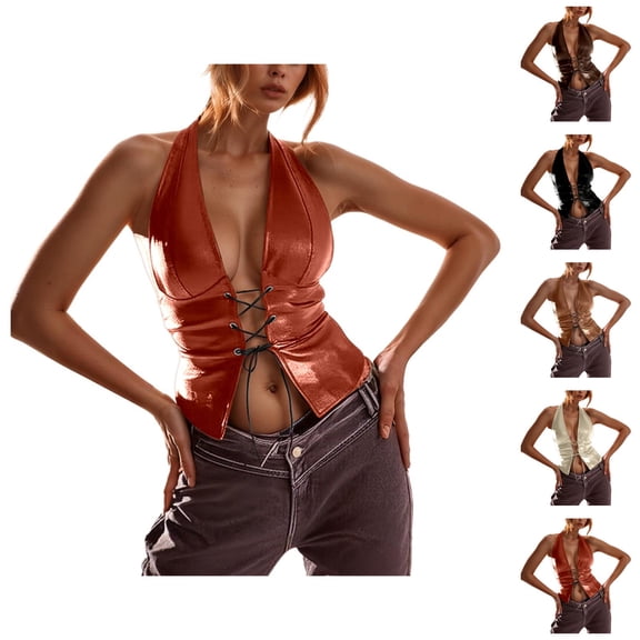 Bustier Tops for Women Pu Leather Lace Up Deep V Neck Backless Halter Crop Top Rave Outfits