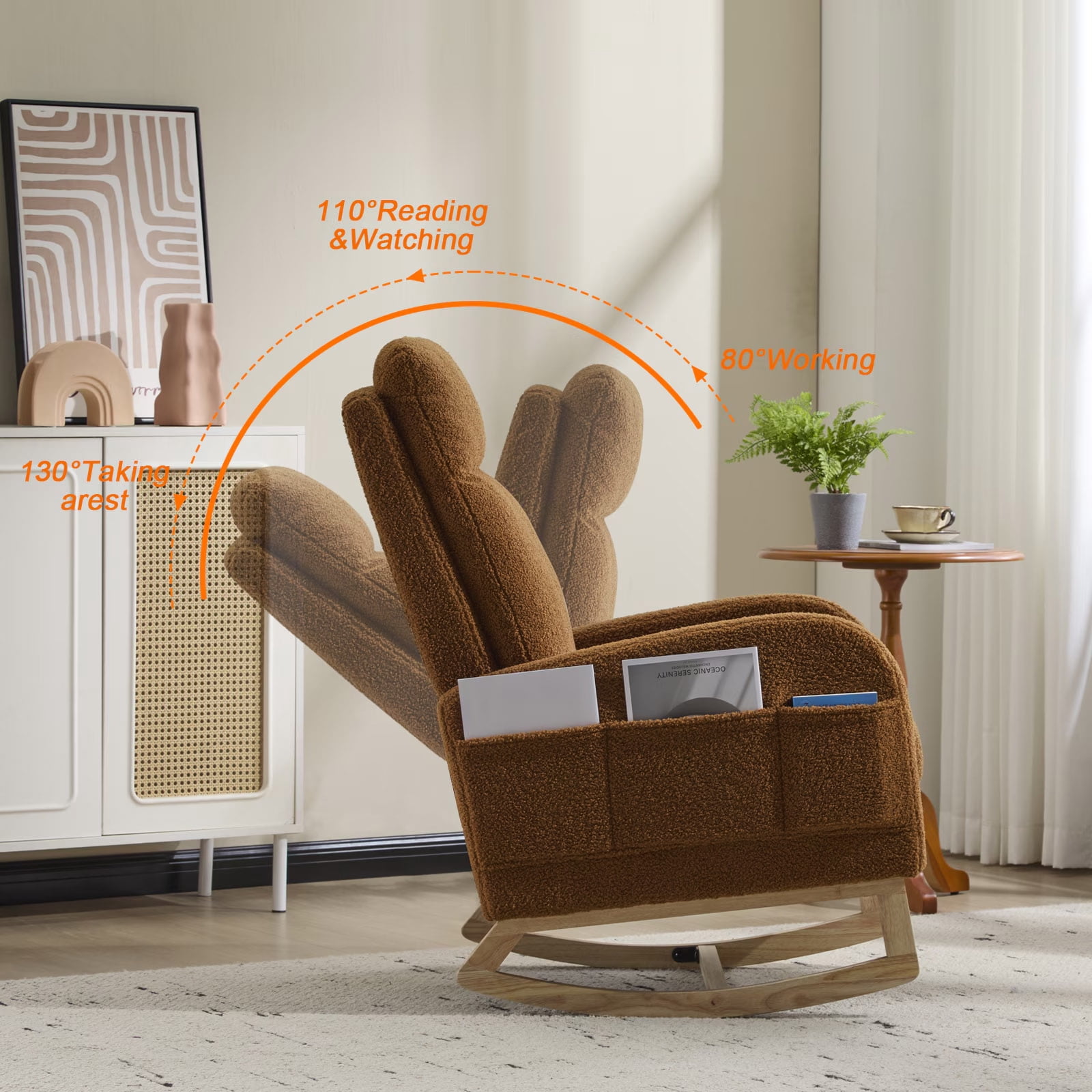 Brookwell Cozy Reclining Rocking Chair – Ergonomic Upholstered Glider with Pocket Storage, Adjustable Backrest, and Wooden Base for Living Room, Bedroom, Nursery