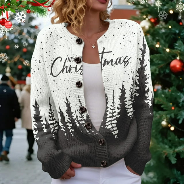 Chandails d'Hiver Grande Taille pour Femmes Mode Décontractée Imprimé de Noël Cardigan Veste Gris TG