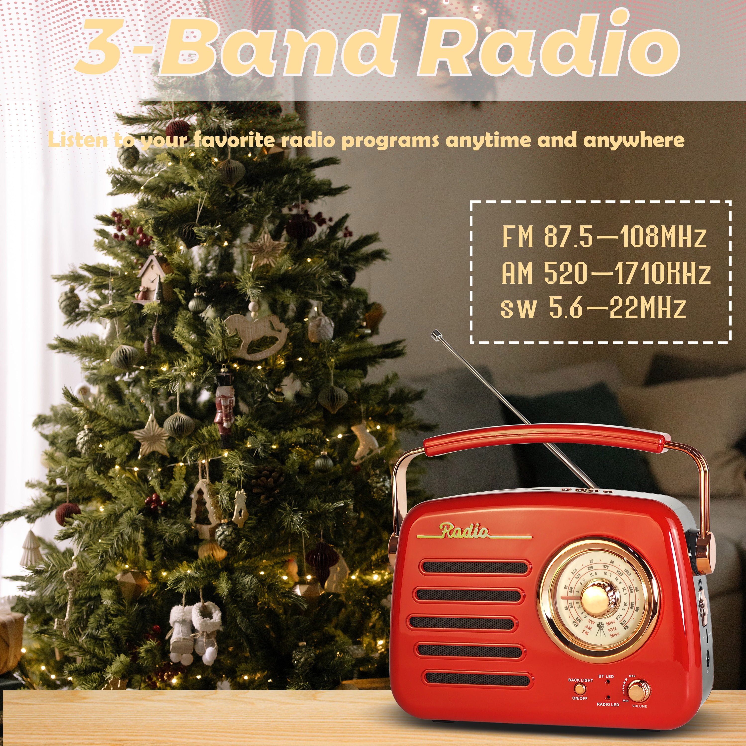 Retro Backlit AM FM Shortwave Radio, Great Receiver Bluetooth Speaker Battery or Plug in Wall, Support USB Drive/TF Card, Good Sound for Family or Friend for Home/Outdoor(Red)