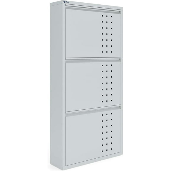 CEHA Metal Shoe Cabinet with Cover, AYK Series, Durable Shoe Storage Organizer for Entryway, Space Saving Shoe Shelf Closet (Light Gray, 3 Tier with Front Ventilation)