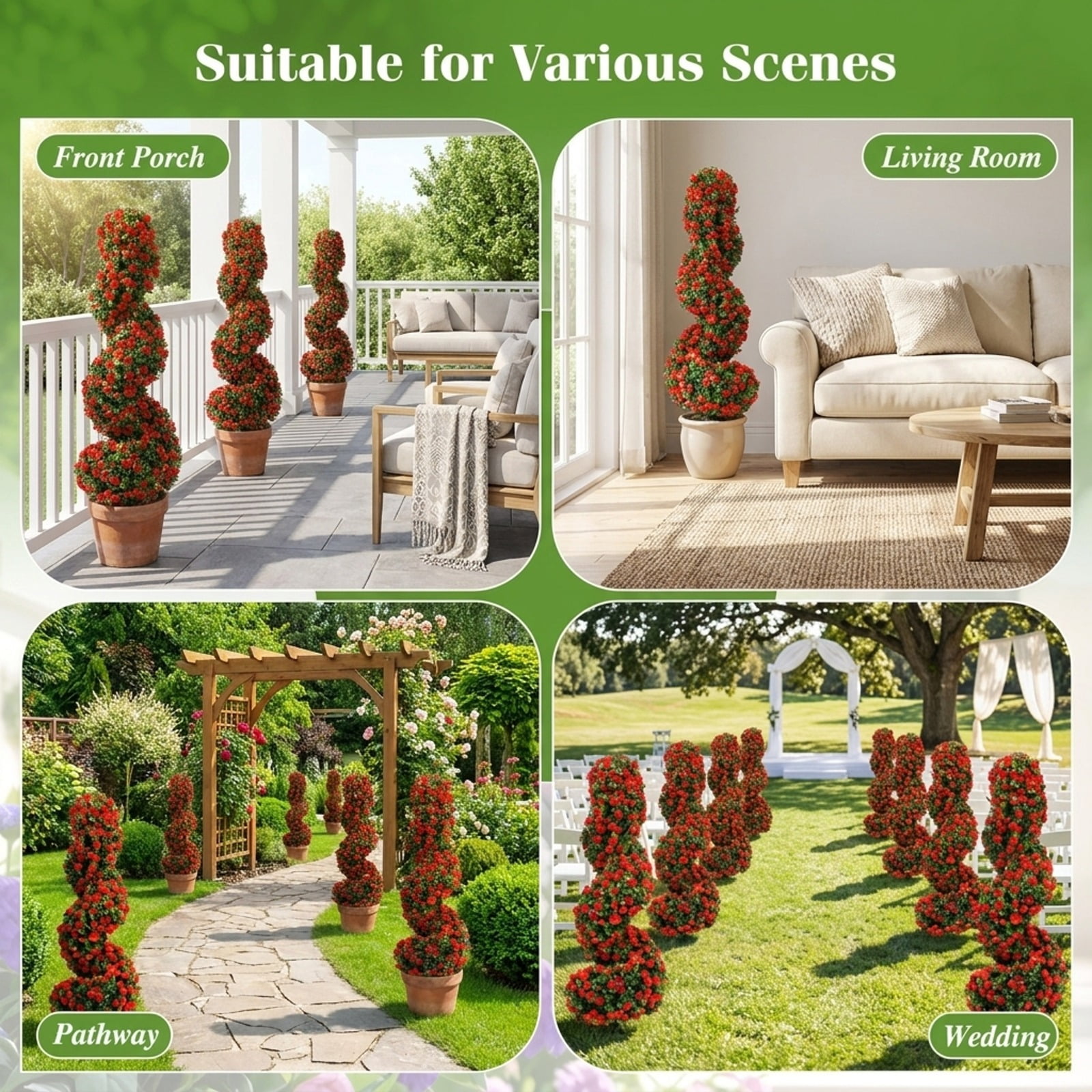 Vebreda Artificial Plant Decor, Set of 2 Artificial Spiral Topiary Trees with Sun Protection and Ground Spikes, Lifelike & Chic Design