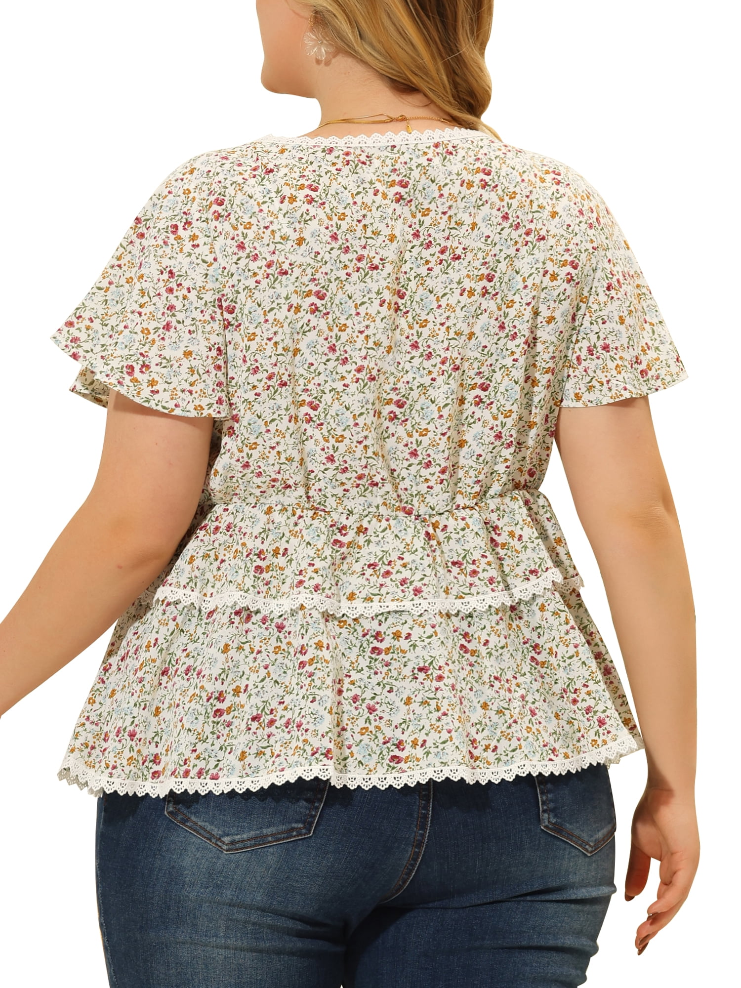 Unique Bargains Women's Plus Size Tiered Blouse Floral Babydoll Sweetheart Ruffle Top