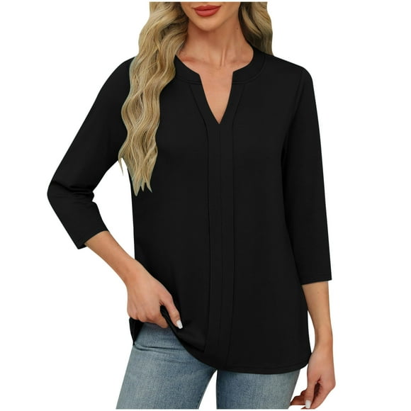 Yanlir Women's Solid Color V-Neck 3/4 Sleeve T-Shirt - Casual Loose Fit Top for Daily Comfortable and Lightweight Wear(Black,L)