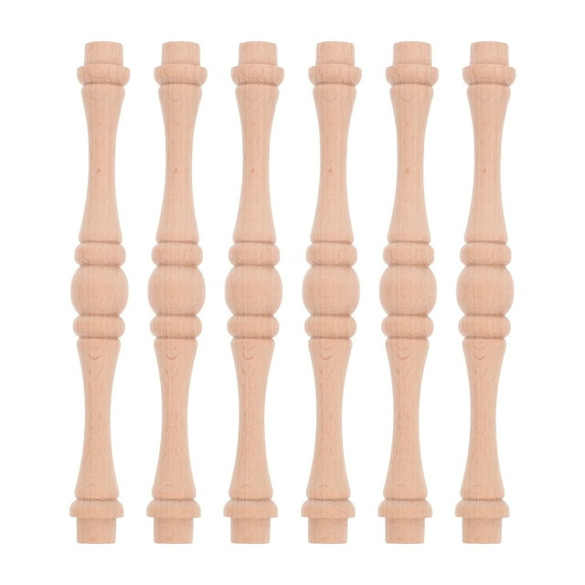 balaustres de madera sin pintar, decorativos, recortados, para muebles y manualidades. Seis husillos de madera maciza sin terminar en color caqui, vista frontal centrada que muestra silueta torneada con secciones cónicas y anillos decorativos; medidas 15.00 x 1.70 x 1.70 cm. Diseño multifuncional, adecuados para barandillas, muebles o proyectos de manualidades.