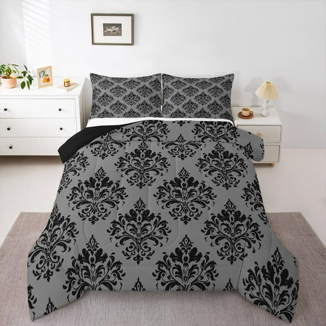 Erosebridal Victorian Damask Flower Bedding Queen Comforter Set,Gray Black Down Comforter,Gothic Theme Bedding Sets Queen with Comforter,Ultra Soft Bedroom Decorative Reversible,3 Pieces