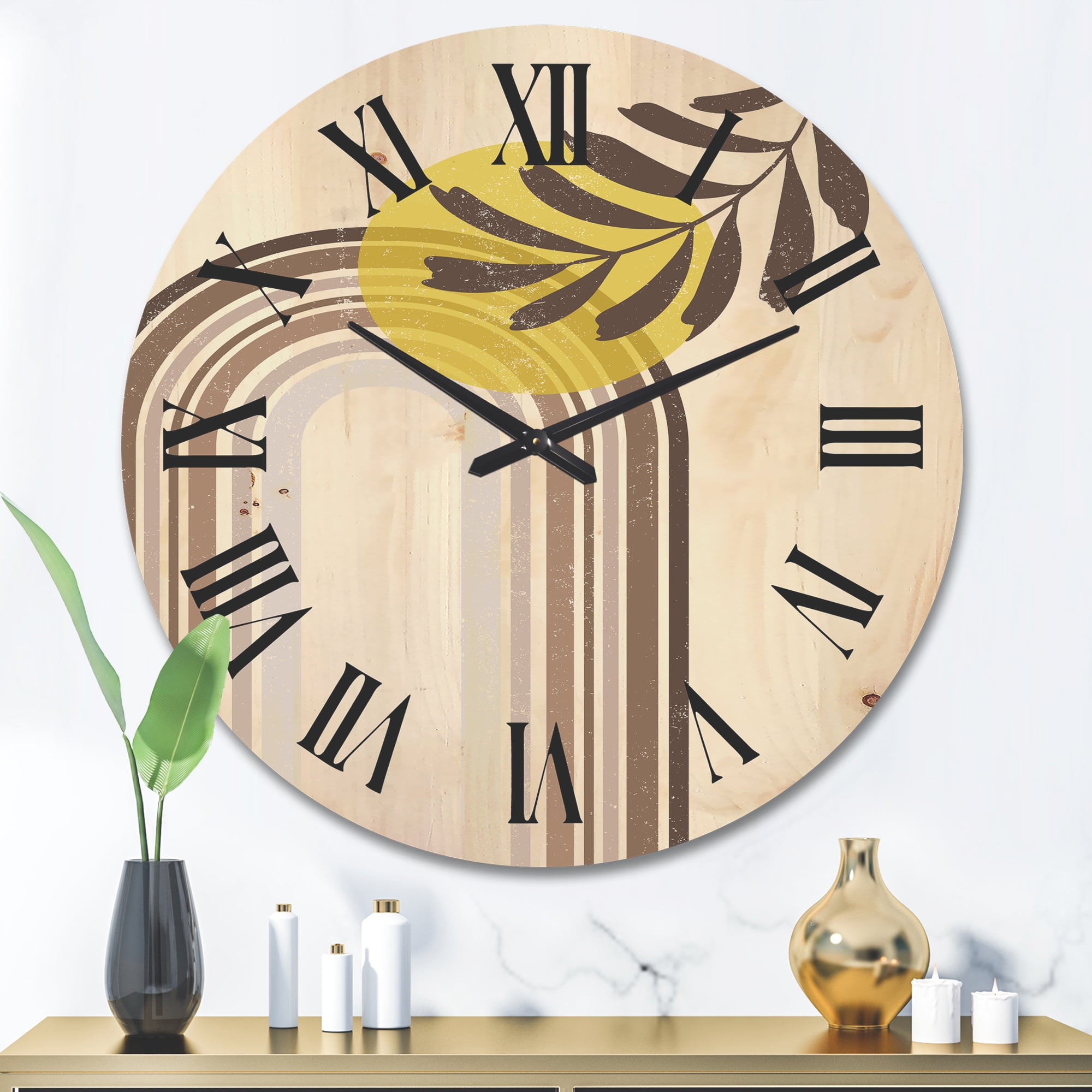 Designart 'Abstract Moon and Sun With Leaf In Earth Tones' Modern Wood Wall Clock