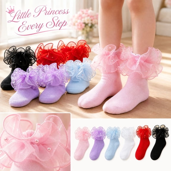 Baby Girl Lace Socks Pearl Trim Ruffle Frilly Toddler Dress Sock Mesh Cuff Soft Cotton Princess*1pc