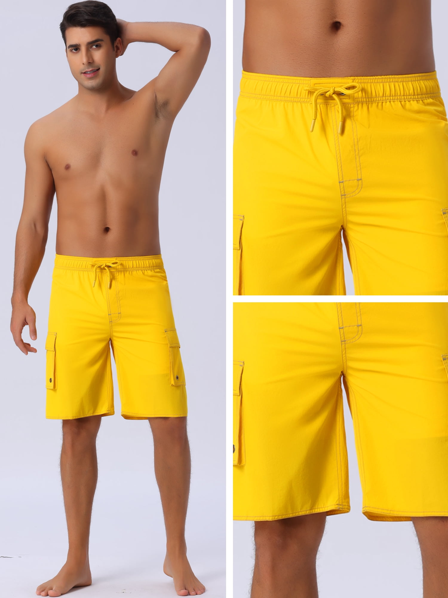 DARING DIVA Men's Solid Color Side Pockets Lining Summer Board Shorts 32 Yellow
