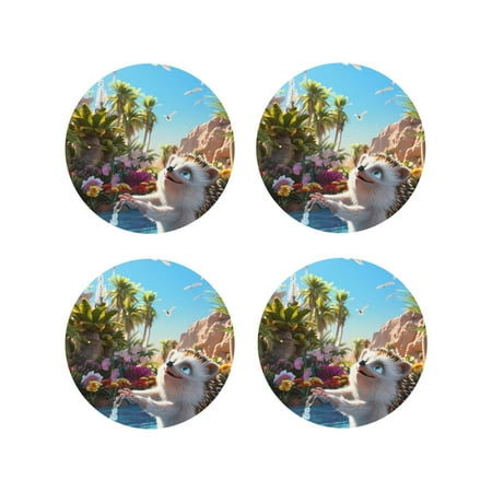 

Honeii Playful Hedgehog Forest Pond Print Leather Coaster Set of 4 Ideal for Safeguarding Your Furniture from Drinks Spills and Effortless Cleanup-Round Shape