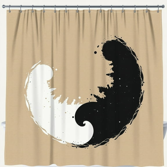 Stylized Shower Curtain - Abstract Black & White Design on Tan Background
