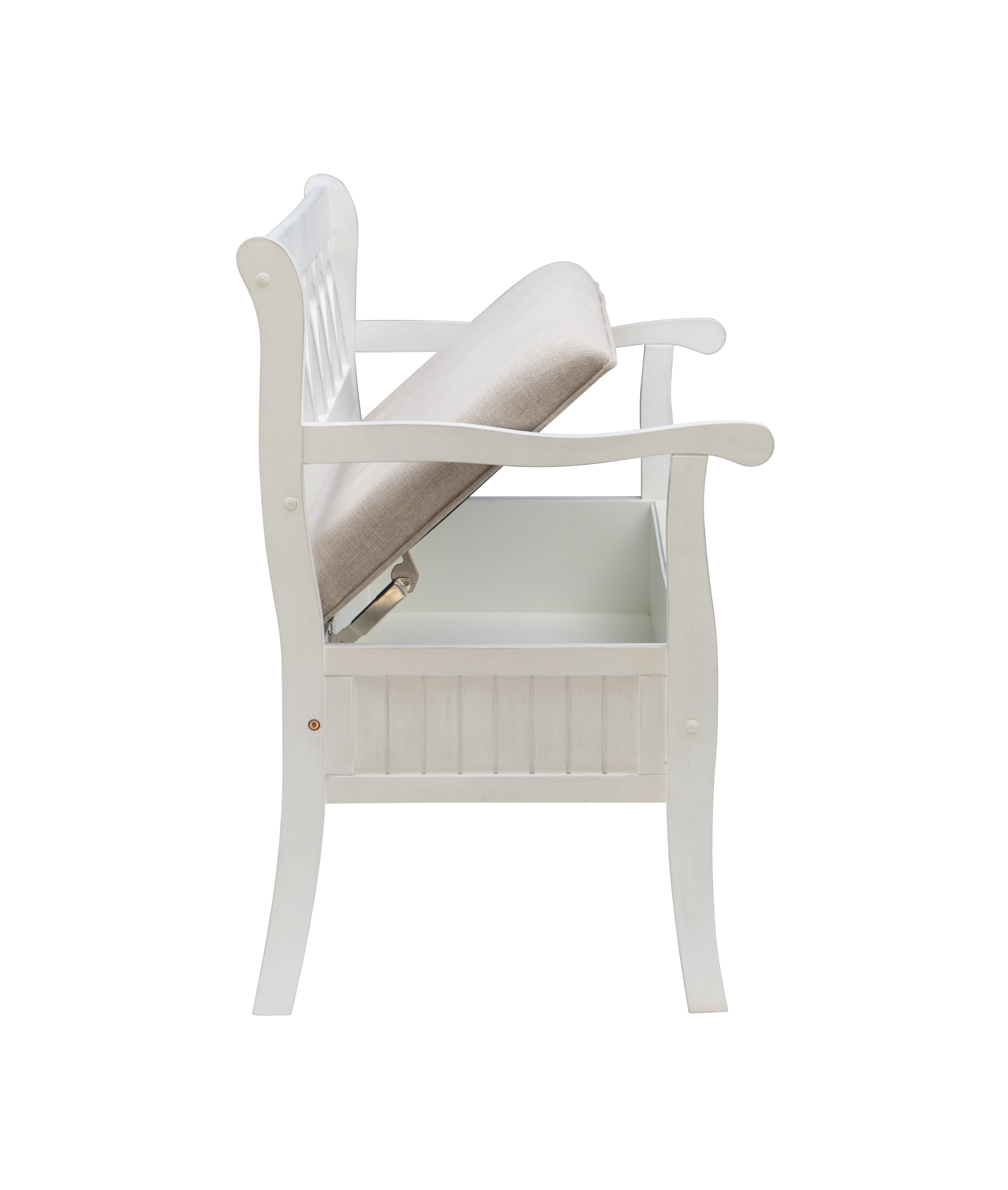 Linon Elliana Storage Bench Beige Padded Seat Cutout Back Design in White Wood