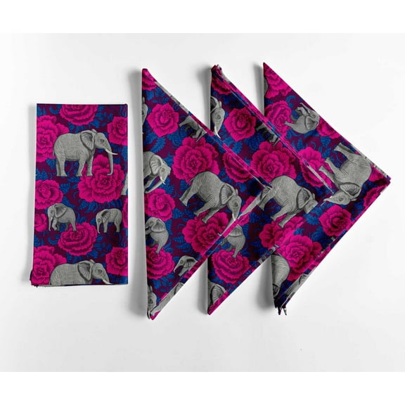 Vargottam Elephant & Floral Cotton Napkins - Set of 12, 20x20 Inches, Pink, Durable & Absorbent, Perfect for Nature Inspired Dining, Spring Celebrations, Outdoor Events - Machine Washable
