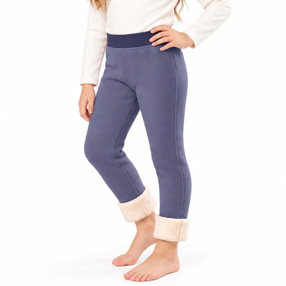 Navy Blue Fleece Lined Leggings Girls 7-8, Winter Warm Thermal Pants For Kids Daily Sports Wear