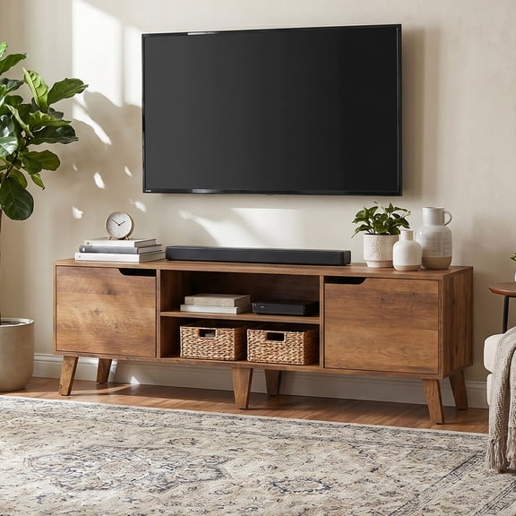 LEDREM TV Stand for 65-Inch TVs, 58-Inch Entertainment Center with Adjustable Shelf, Transitional Media Console Table for Living Room, Honey Brown