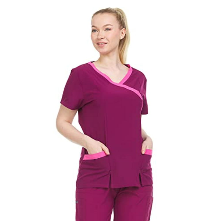 DDT006 Women Scrubs Top V-Neck with Pockets Regular fit - Stylish Medical  Scrub Tops for Women Wine Size L 