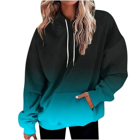 RKSTN Womens Hoodies Pullover Long Sleeve Tops for Women Plus Size Gradient Drawstring Fall Winter Going Out Trendy Casual Travel Outfit with Pocket (Black L)