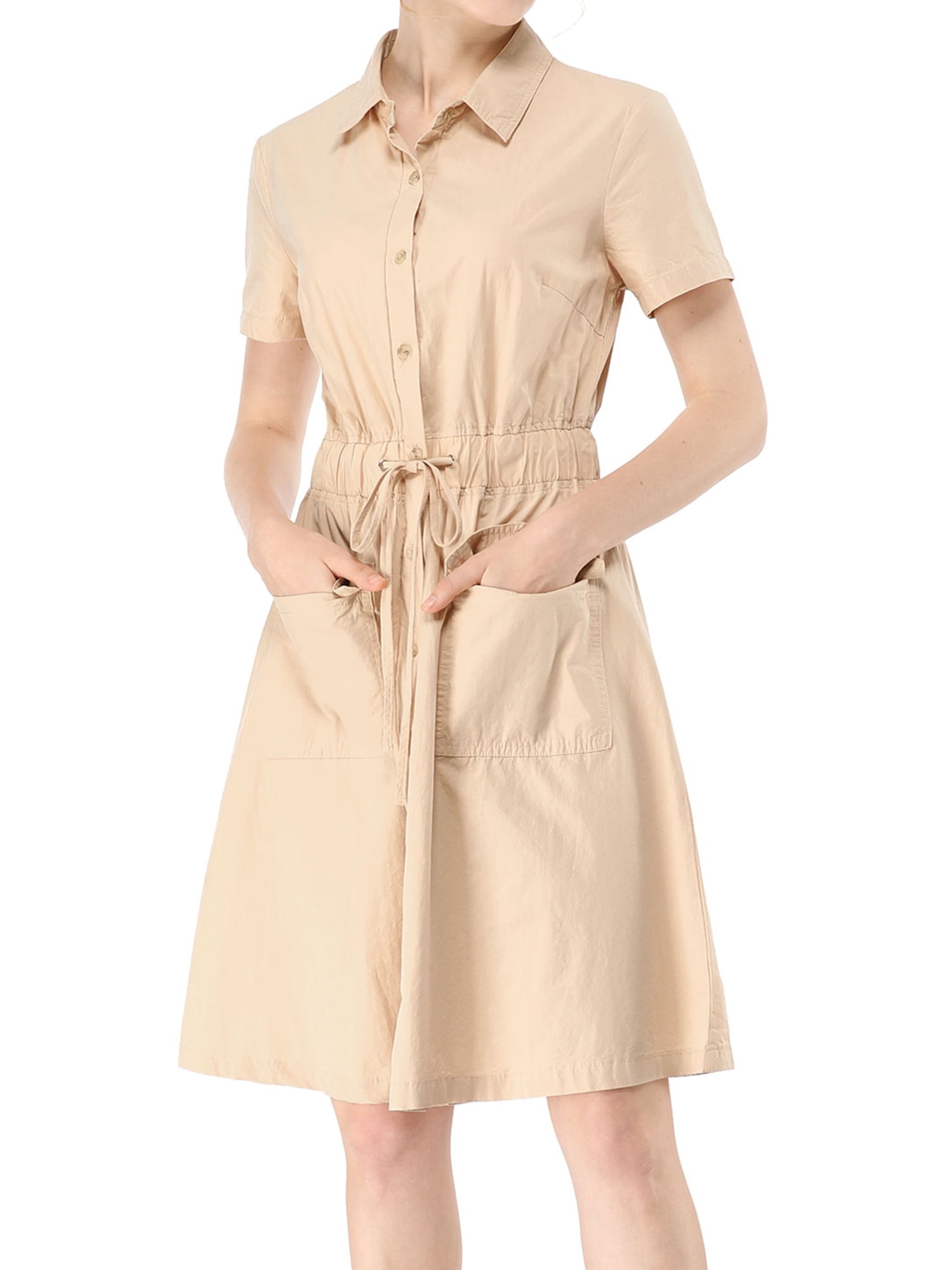 DARING DIVA Collar Elastic Waist Above Knee Dress with Pocket L Beige