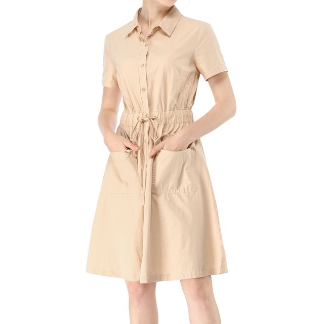 Vestido mini de mujer Inspire Chic con ajuste y vuelo, cuello, bolsillos y cintura elástica en color beige