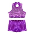 thumbnail image 4 of YiZYiF Girls Sequins Two Piece Ballet Dance Outfit Tank Crop Top with Shorts Dancewear Purple 10, 4 of 7