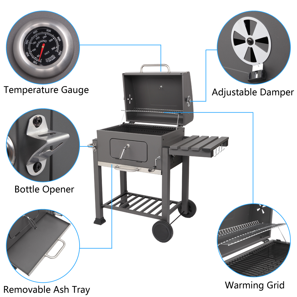 Charcoal Grill, Square Portable Charcoal Grill, Stainless Steel BBQ Grill with Shelf, Thermometer, Wheels, Charcoal BBQ Grill for Outdoor Picnic, Patio, Backyard, Camping, JA1173 - image 3 of 8