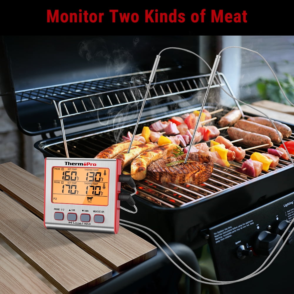 ThermoPro TP17W Large LCD Backlight Grill Food Thermometer with Dual Probes Timer Mode for Oven Grill Smoker BBQ