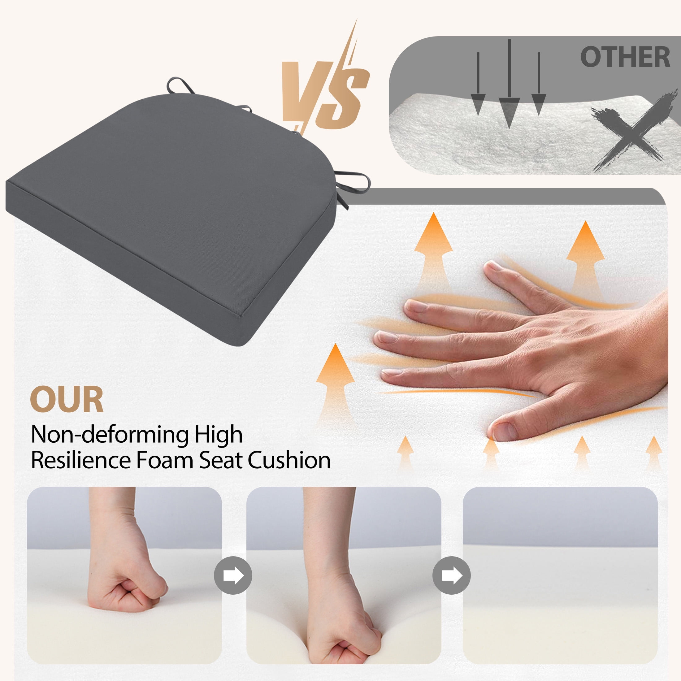 Outdoor Seat Cushion for Patio Furniture Dining Chair Pad Replacement, 17x16, Set of 2, Dark Gray