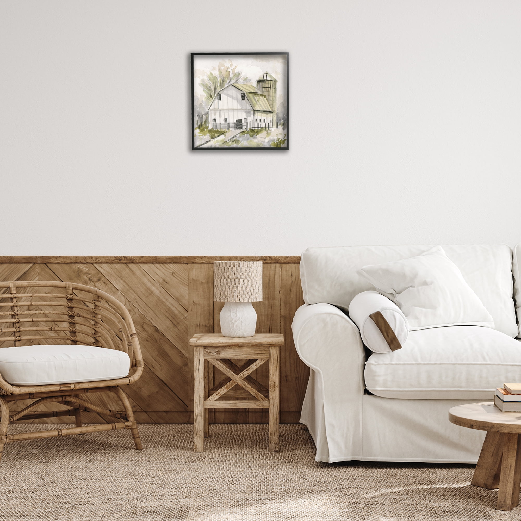 Stupell Industries Neutral Farmhouse Barn Scenery Painting Black Framed Art Print Wall Art, 17 x 17