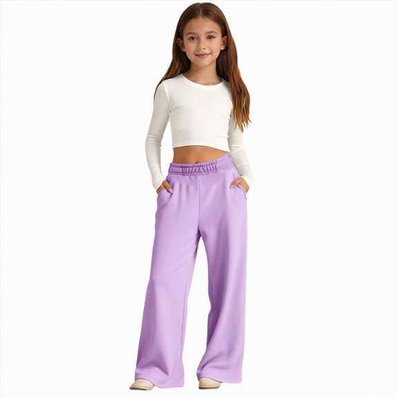 Kakishop Wide Leg Pants for Girl High Wasited Baggy Palazzo Pants Casual Pull On Bell Bottom Smocked Elastic Waist Pants, 11-12 Years
